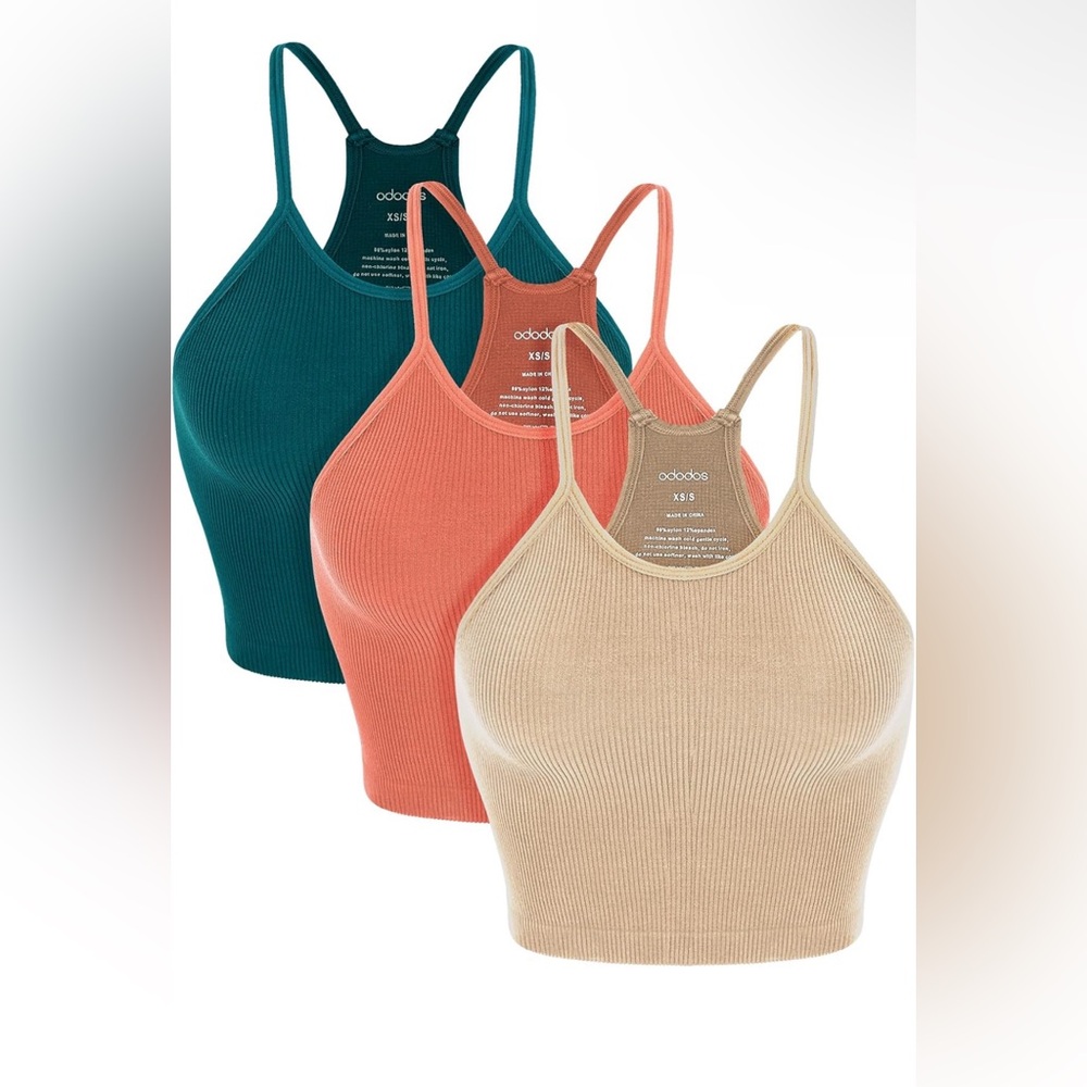 ODODOS Women's Crop 3-Pack Washed Seamless Rib-Knit Camisole Crop Tank Tops